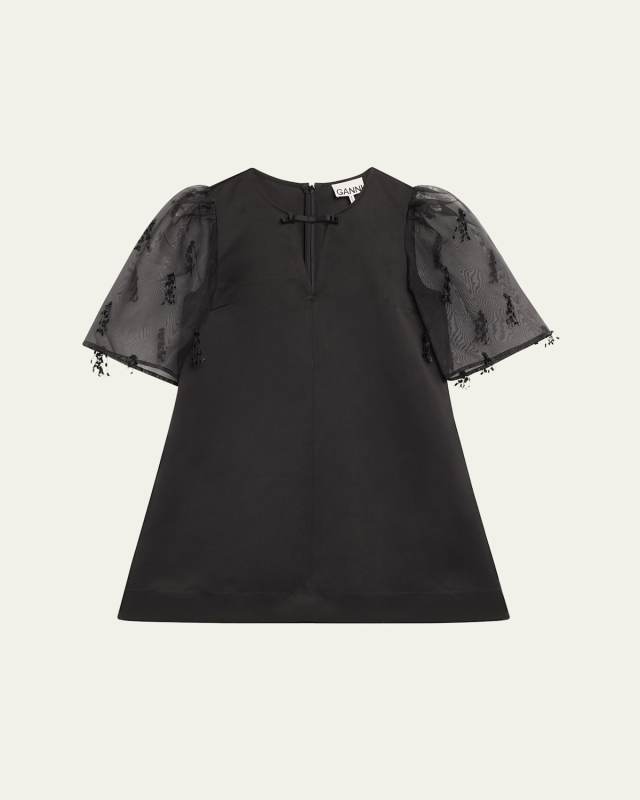 Fringed Organza Mini Shift Dress