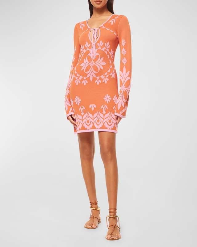 Sahar Flared-Sleeve Floral Keyhole Mini Dress
