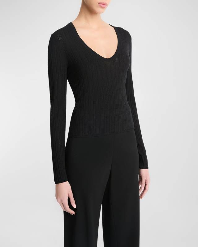Pointelle Stitch Wool-Blend V-Neck Top