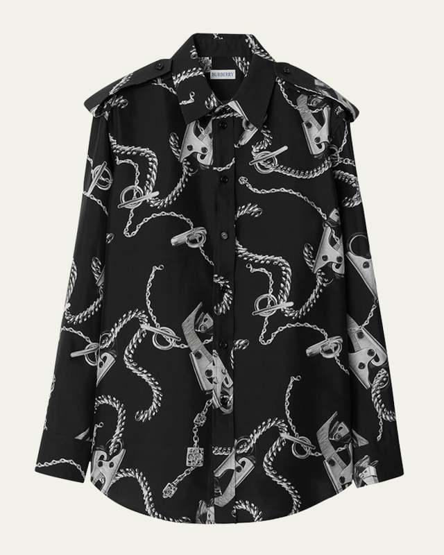Chain-Print Long-Sleeve Collared Silk Top