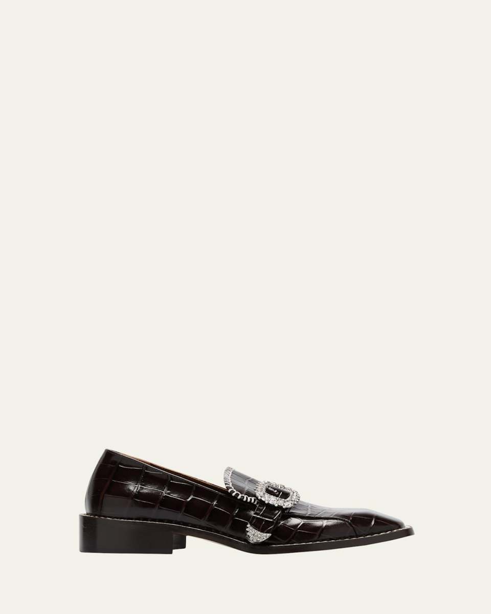 Croco Embellished Buckle Slip-On Loafers