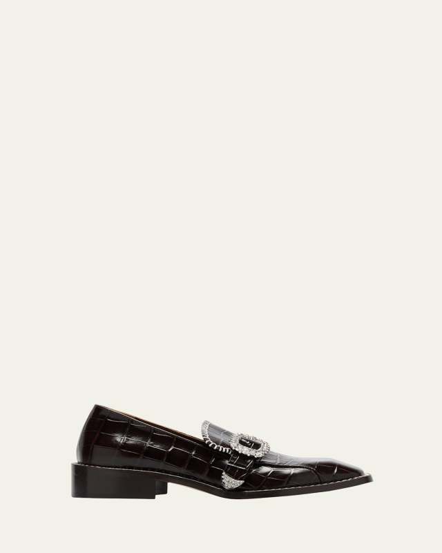 Croco Embellished Buckle Slip-On Loafers