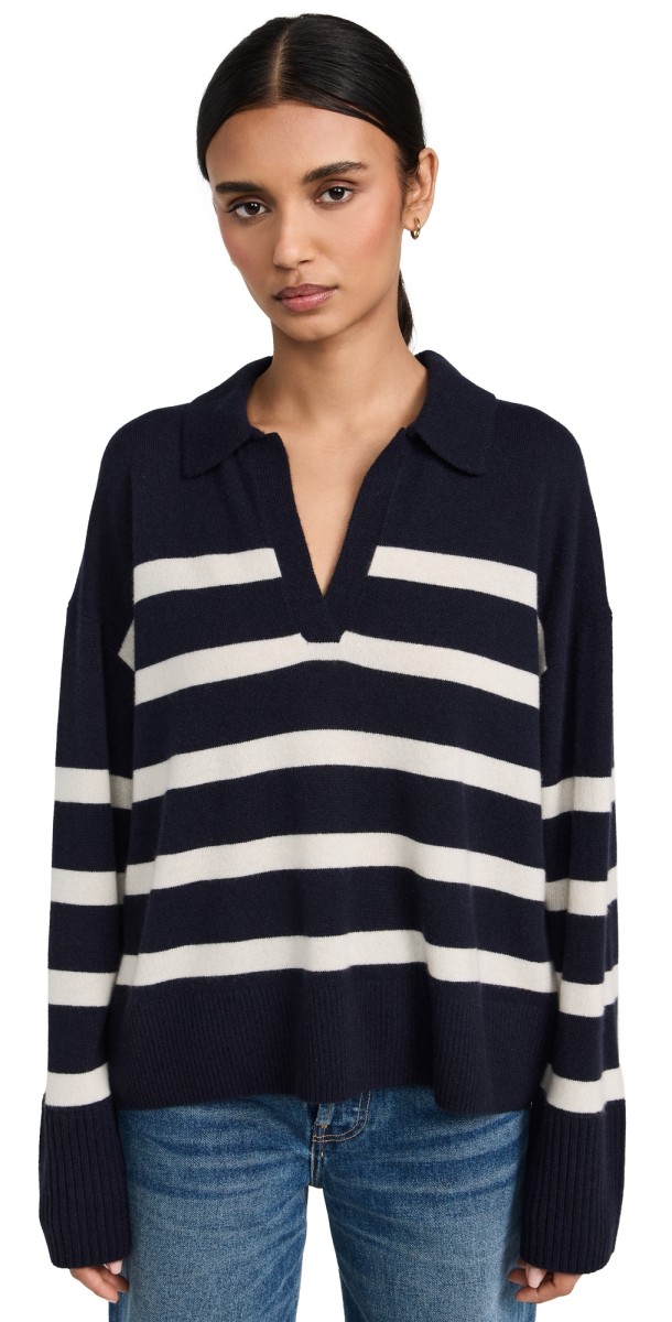Alex Mill Isa Striped Polo Pullover In Cashmere Navy/White