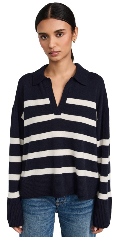 Alex Mill Isa Striped Polo Pullover In Cashmere Navy/White