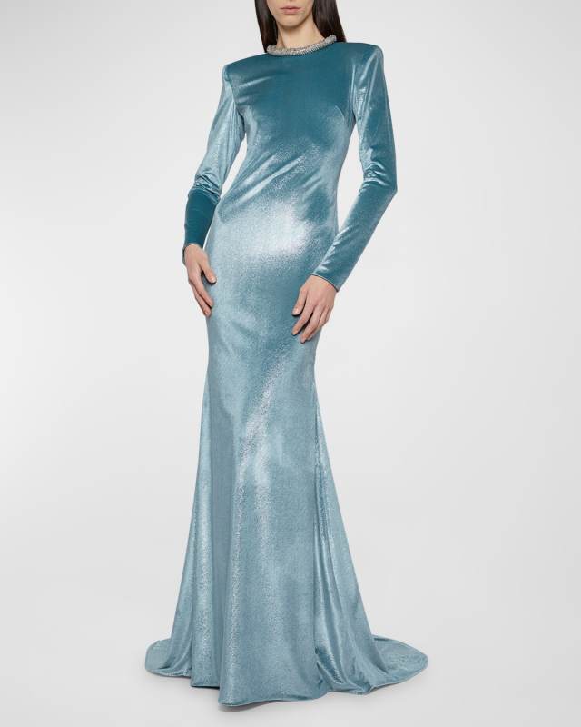 Crystal Choker Long-Sleeve Strong-Shoulder Metallic Velvet Gown