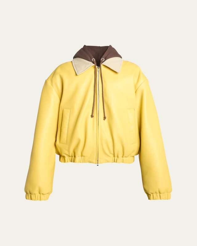 Leather Bomber Jacket with Detachable Hood