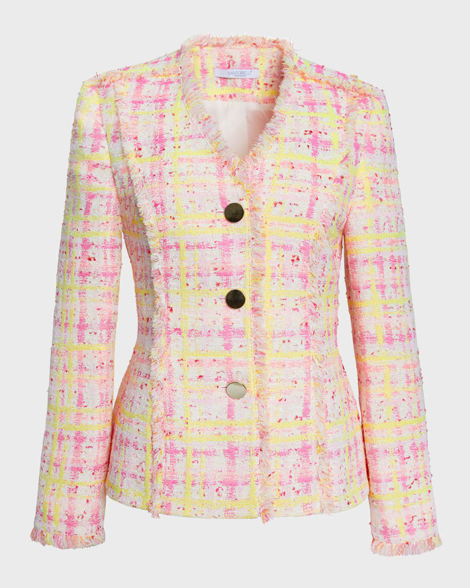 Georgia Fringe-Trim Plaid Tweed Jacket