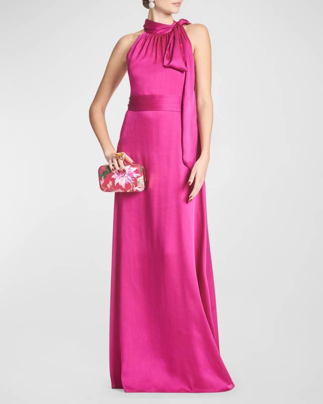 Kayla Tie-Neck Georgette Halter Gown