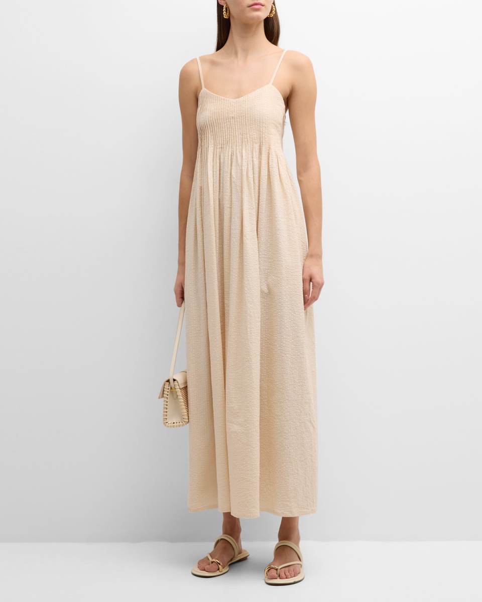Viv Sleeveless Pleated Seersucker Maxi Dress
