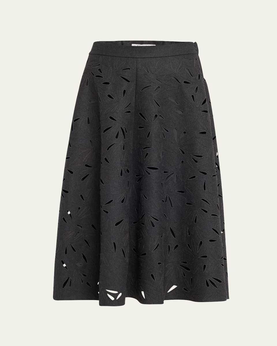 Flannel Wool A-Line Midi Skirt with Laser-Cut Floral Embroidery