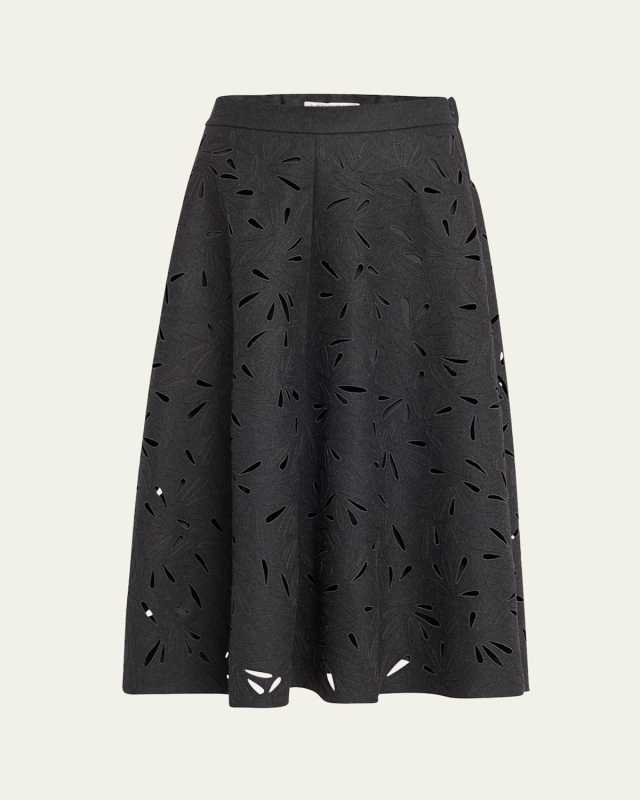Flannel Wool A-Line Midi Skirt with Laser-Cut Floral Embroidery