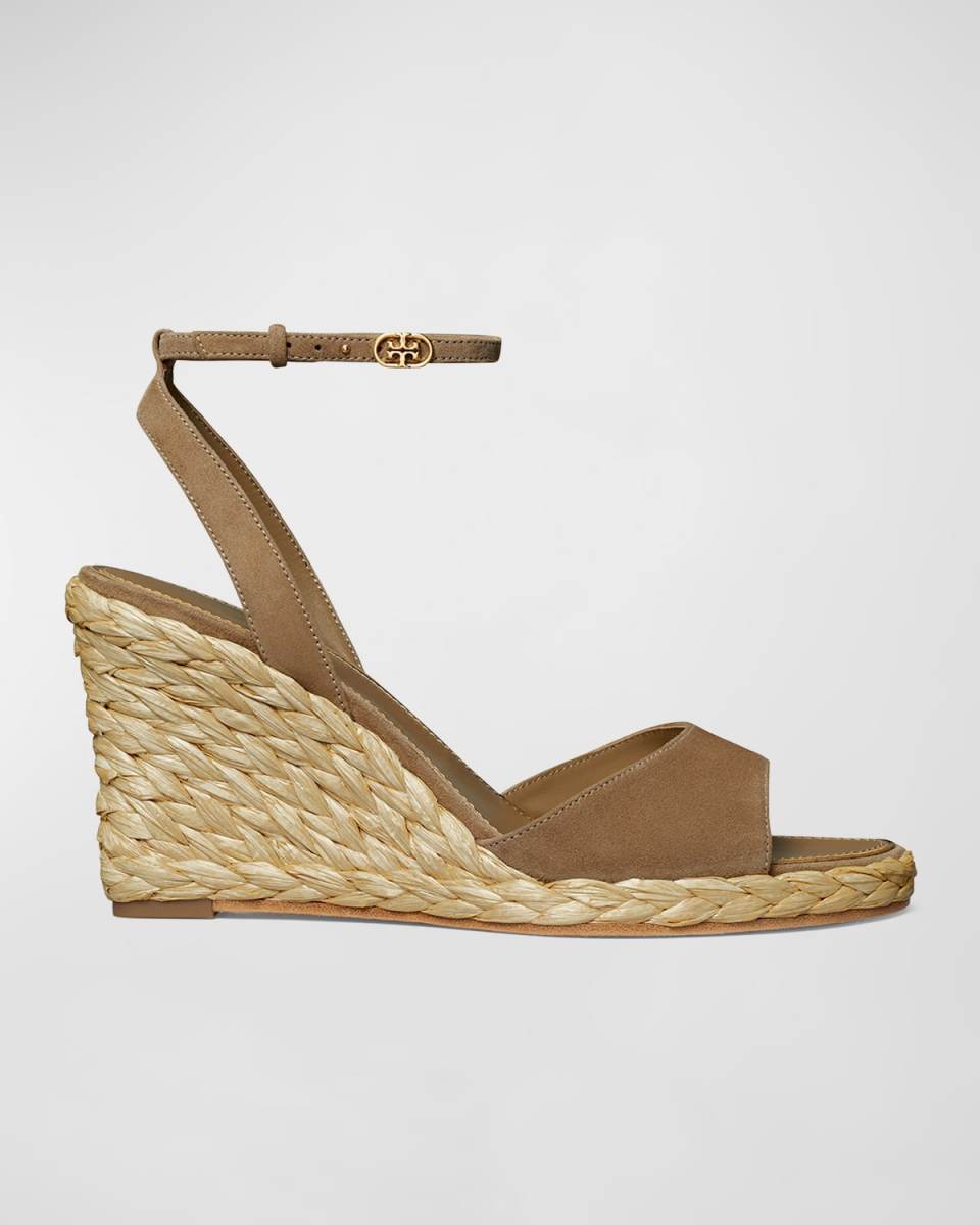 Suede Raffia Ankle-Strap Wedge Espadrilles