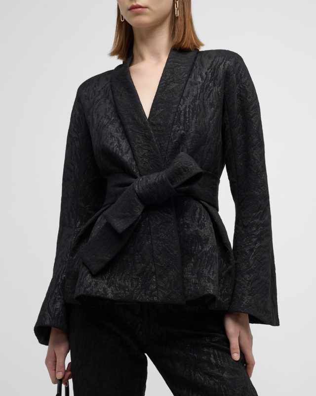 Belted Metallic Jacquard Peplum Jacket