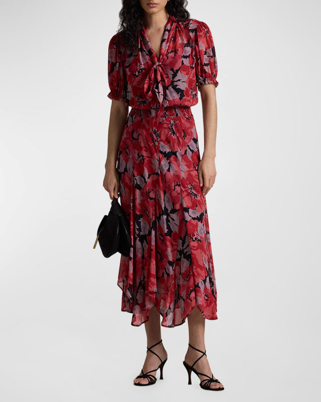 Floral Georgette Tie-Neck Dress