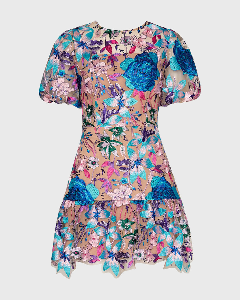 Yasmin Floral-Embroidered Mesh Mini Dress
