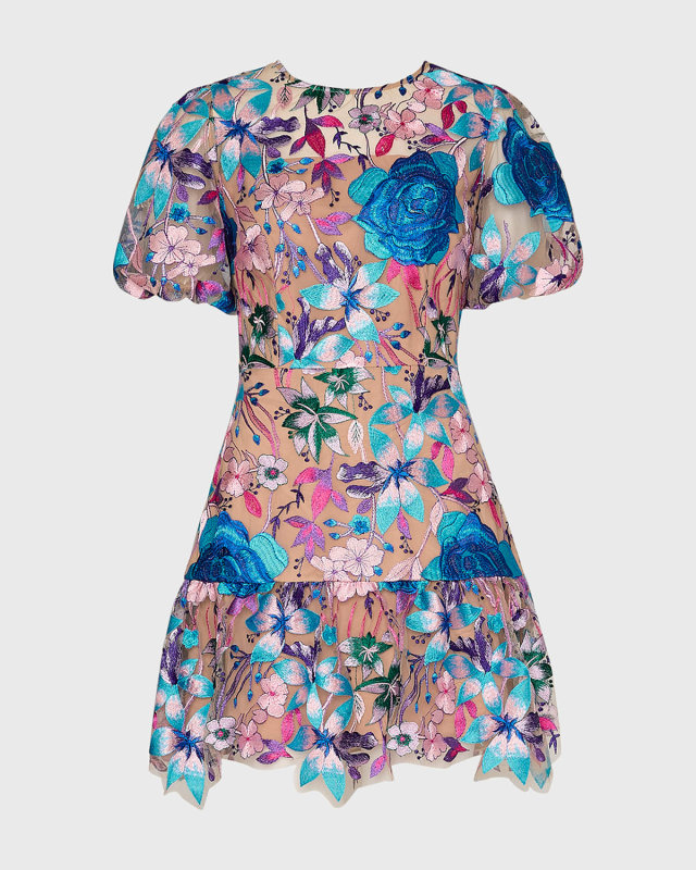 Yasmin Floral-Embroidered Mesh Mini Dress