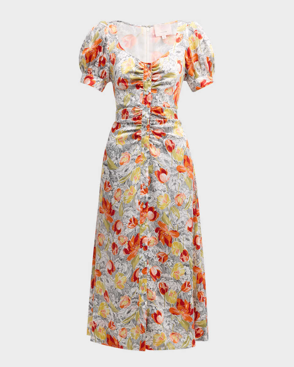 Ximena Draped Floral Puff-Sleeve V-Neck Midi Dress