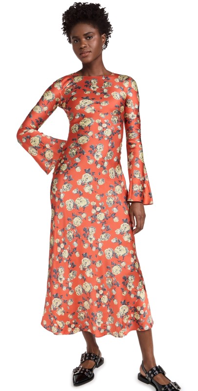 GANNI Printed Satin Maxi Dress Poinciana