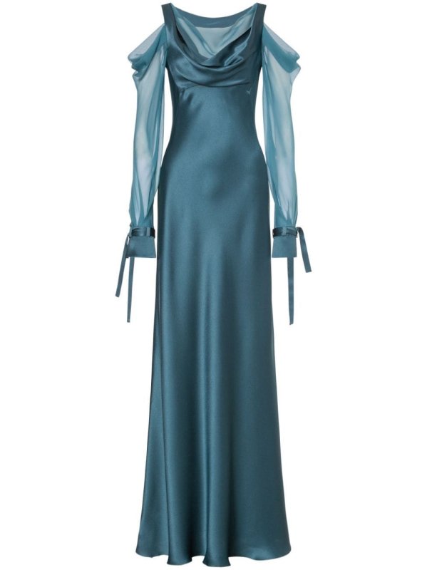 draped cold-shoulder gown