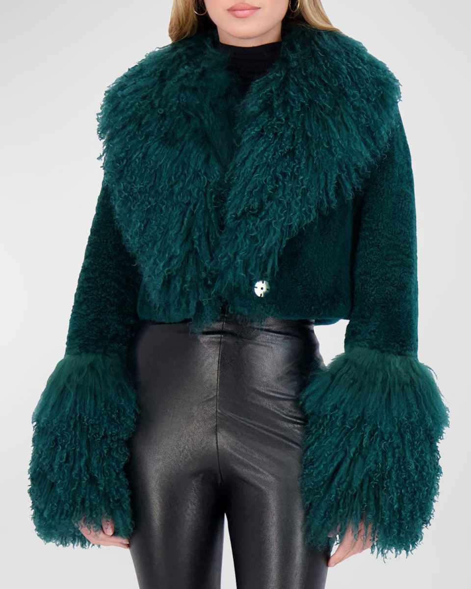 Cashmere Goat Fur Crop Bolero Jacket with Mongolian Goat Fur Collar and Cuffs