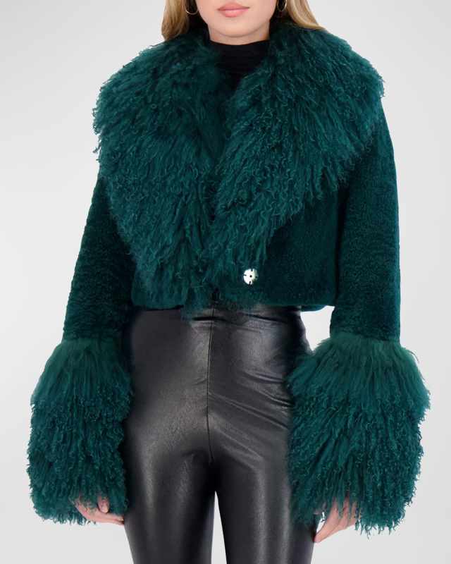 Cashmere Goat Fur Crop Bolero Jacket with Mongolian Goat Fur Collar and Cuffs