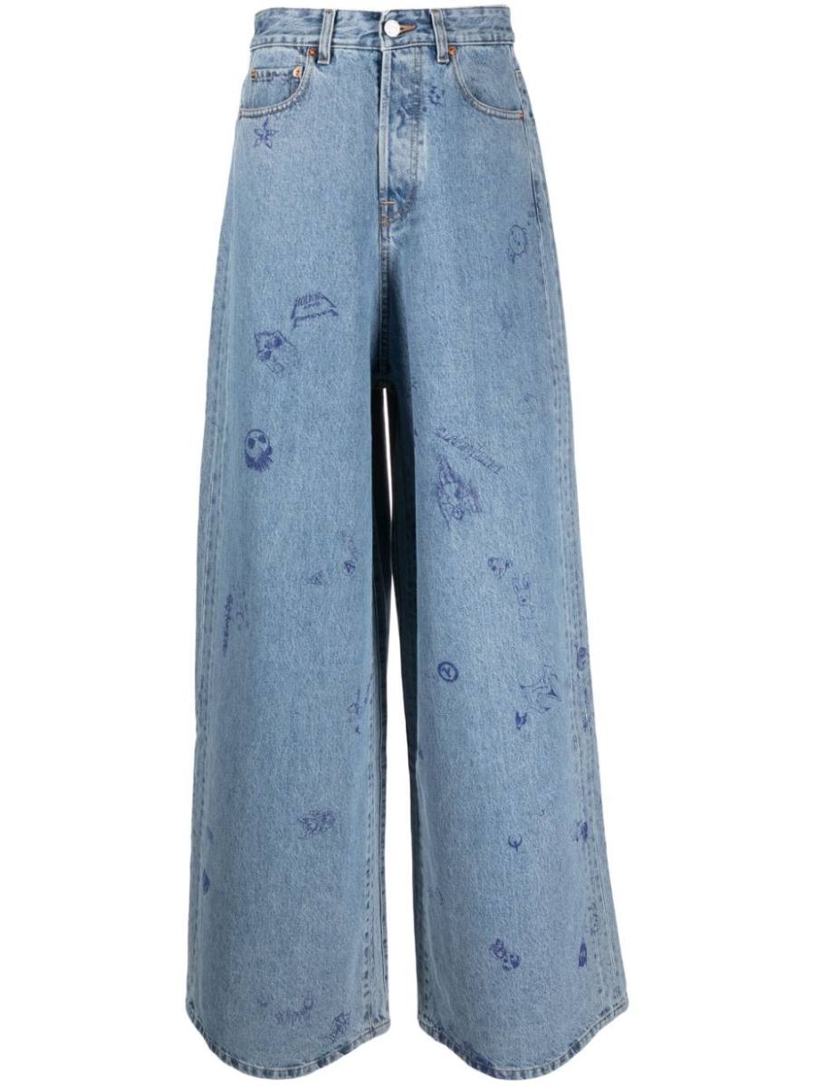 illustration-style print wide-leg jeans
