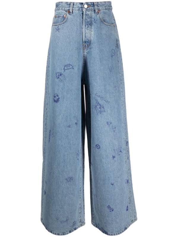 illustration-style print wide-leg jeans