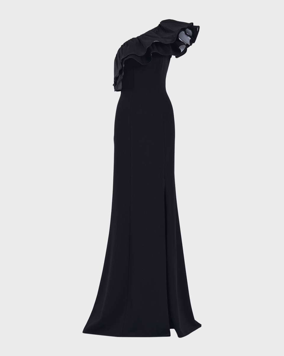 One-Shoulder Ruffle Crepe Gown