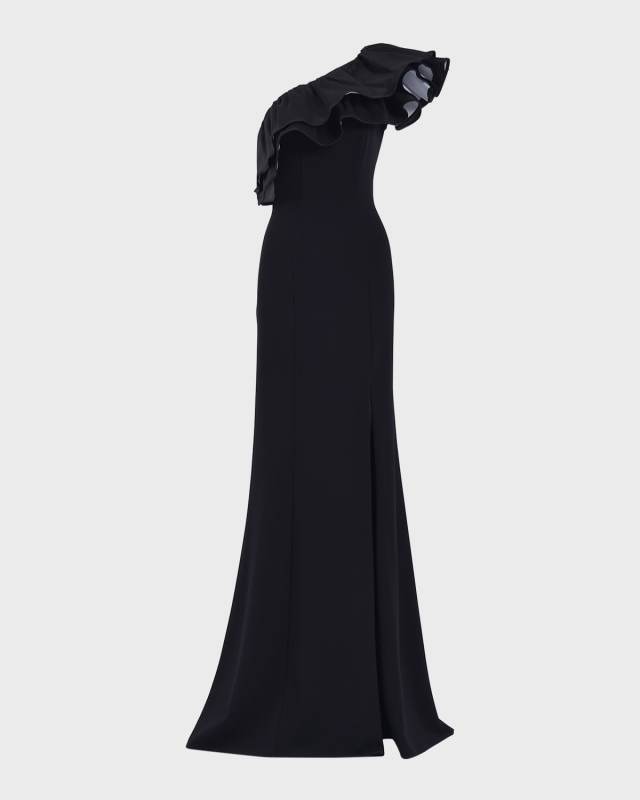 One-Shoulder Ruffle Crepe Gown