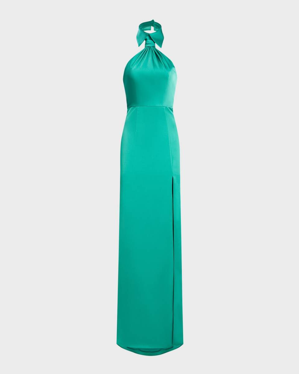 Gemi Twist-Front Side-Slit Satin Halter Gown