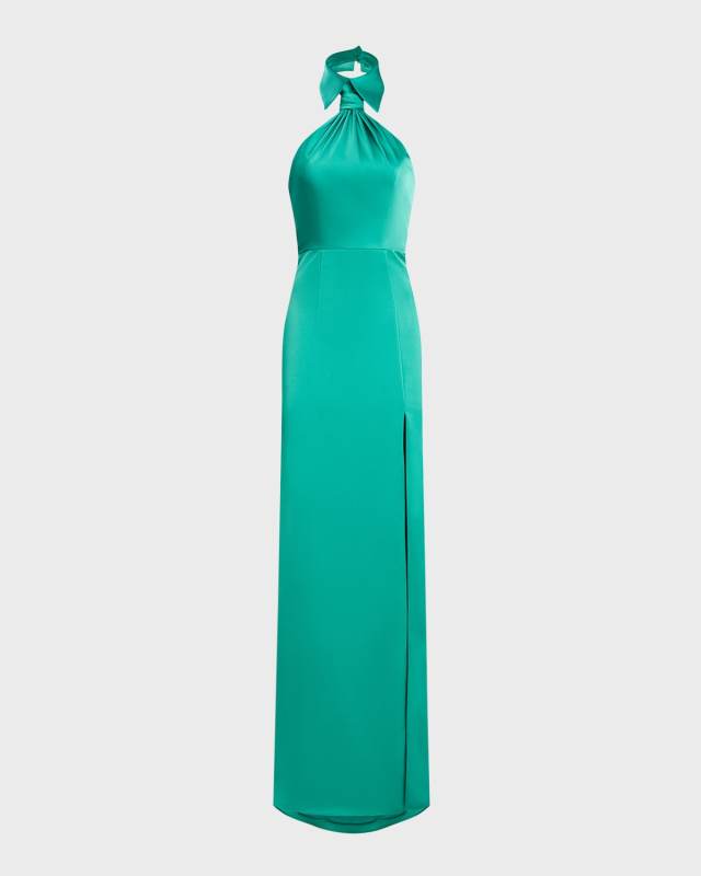 Gemi Twist-Front Side-Slit Satin Halter Gown