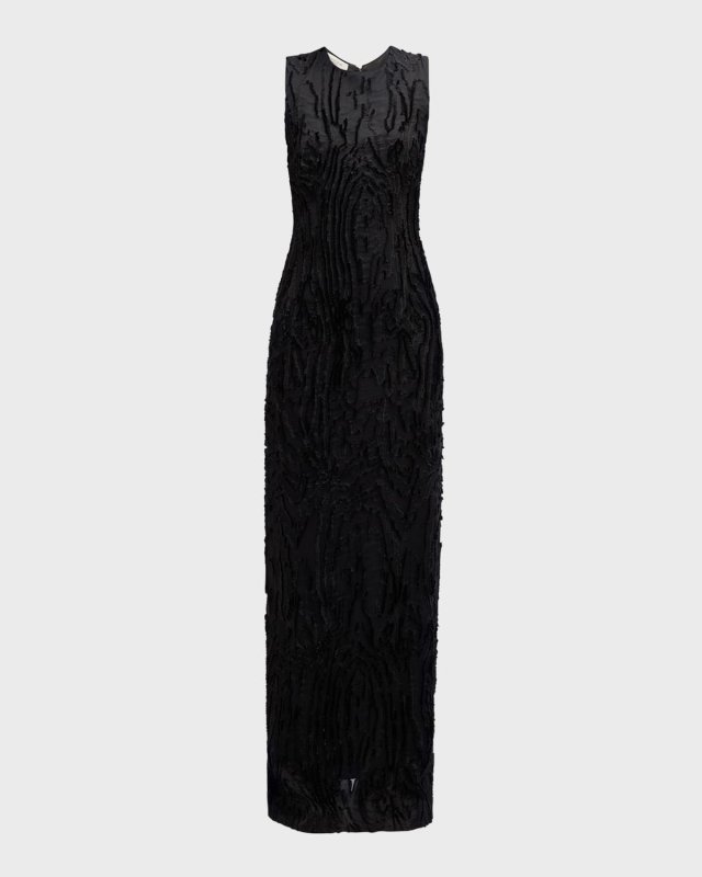 Fringed Jacquard Column Gown
