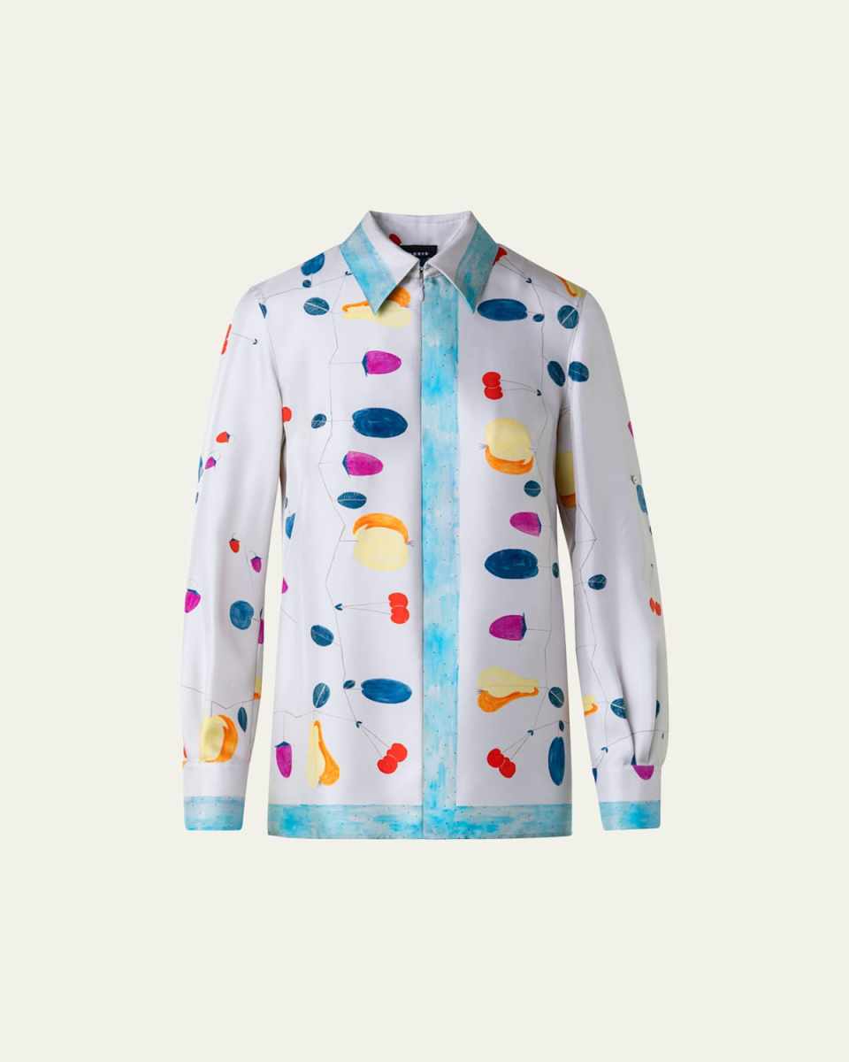 Fruit-Print Zip-Front Silk Twill Blouse