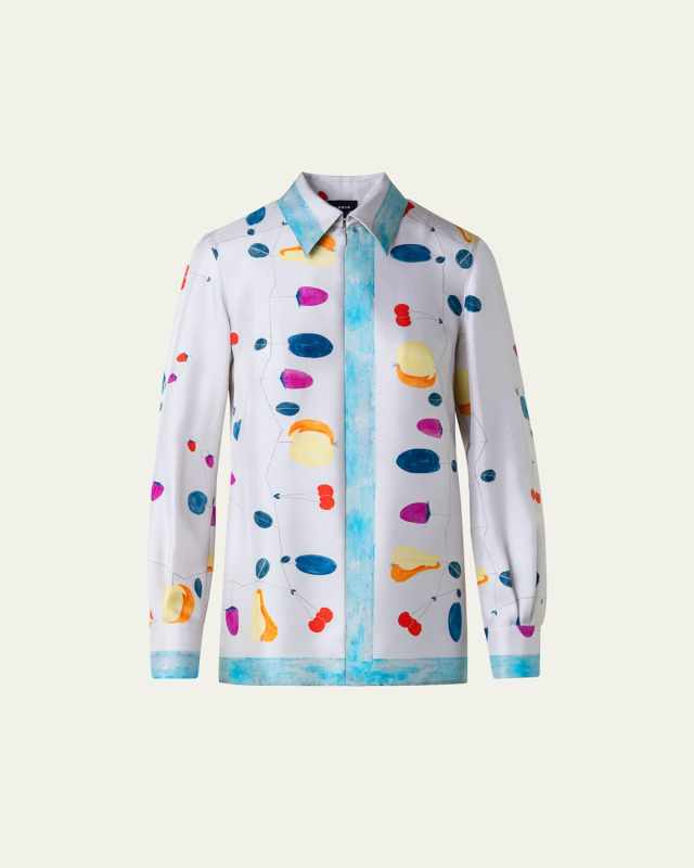 Fruit-Print Zip-Front Silk Twill Blouse