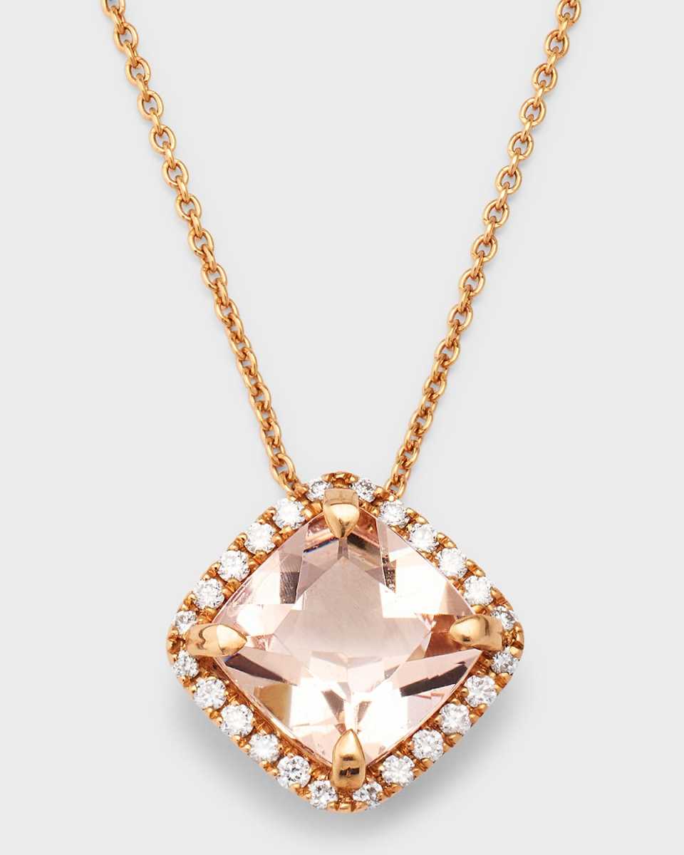 Rocks 18K Rose Gold Petite Cushion Cut Morganite and Diamond Halo Pendant Necklace