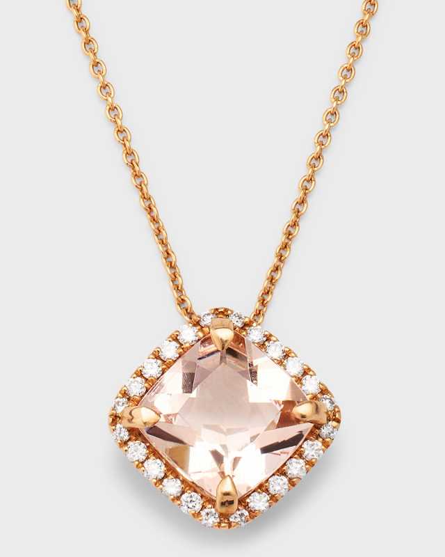 Rocks 18K Rose Gold Petite Cushion Cut Morganite and Diamond Halo Pendant Necklace