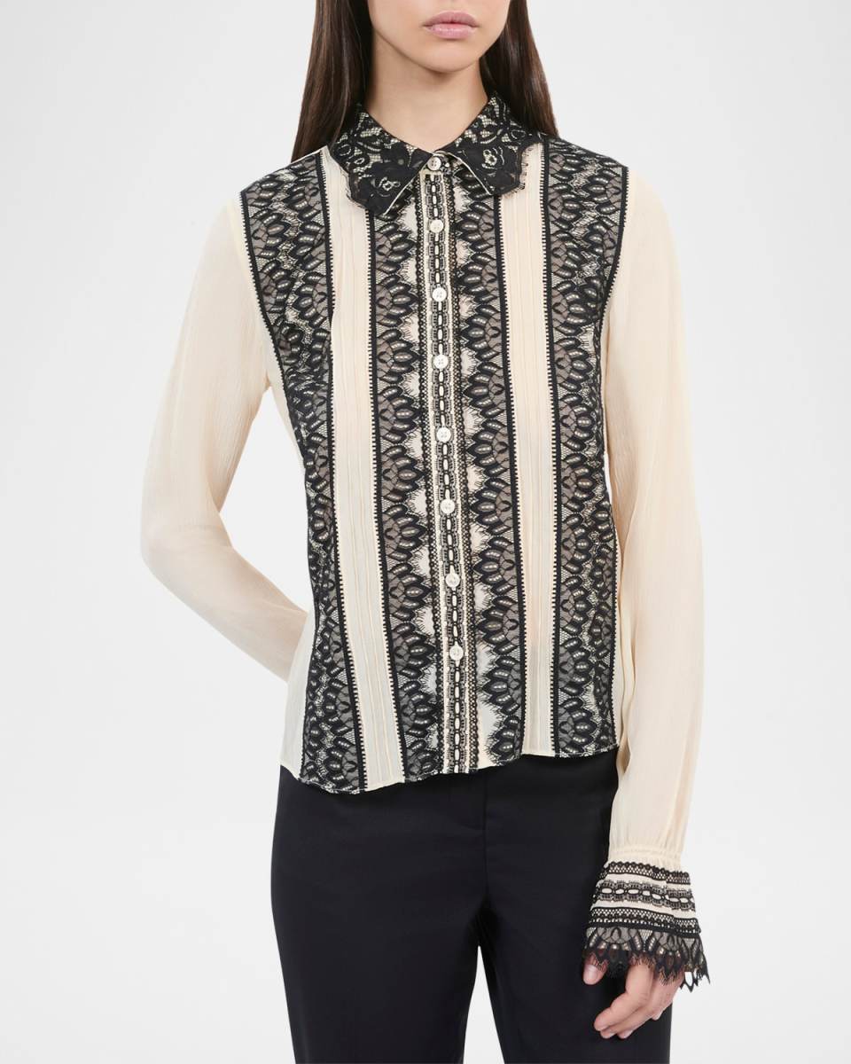 Long-Sleeve Silk Lace Shirt