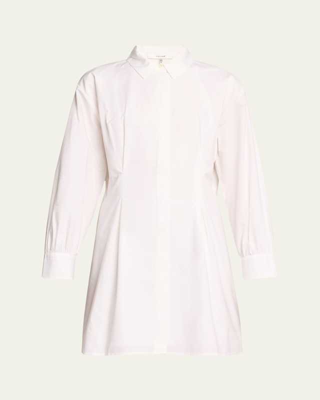 Pleated Poplin Long-Sleeve Mini Shirtdress