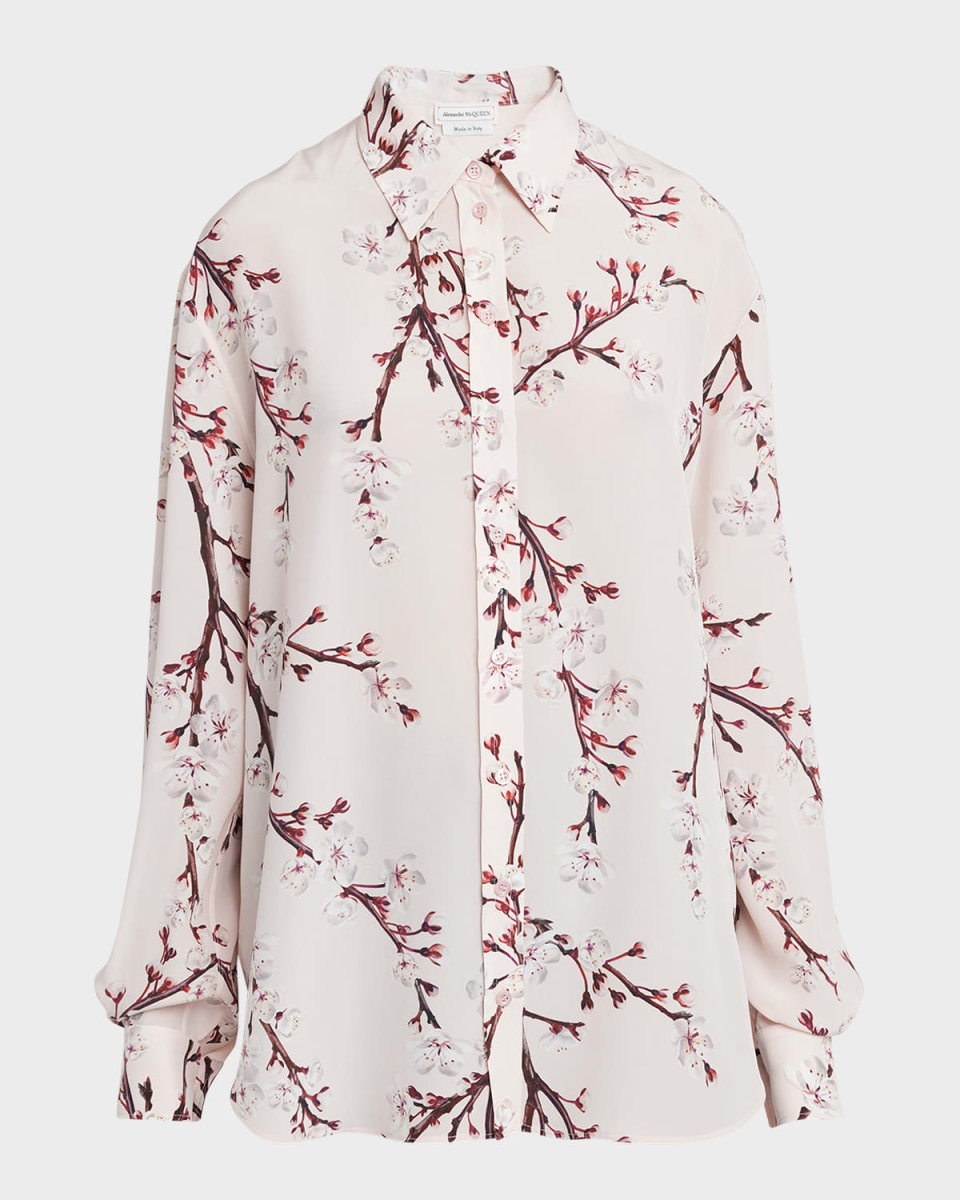 Cherry Blossom Print Button-Front Blouse