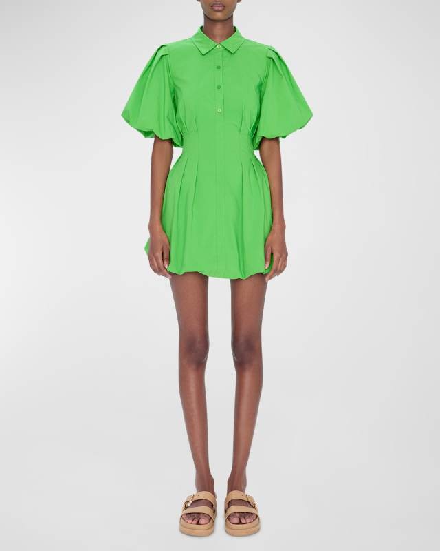 Cleo Balloon-Sleeve Pleated Cotton Poplin Mini Dress