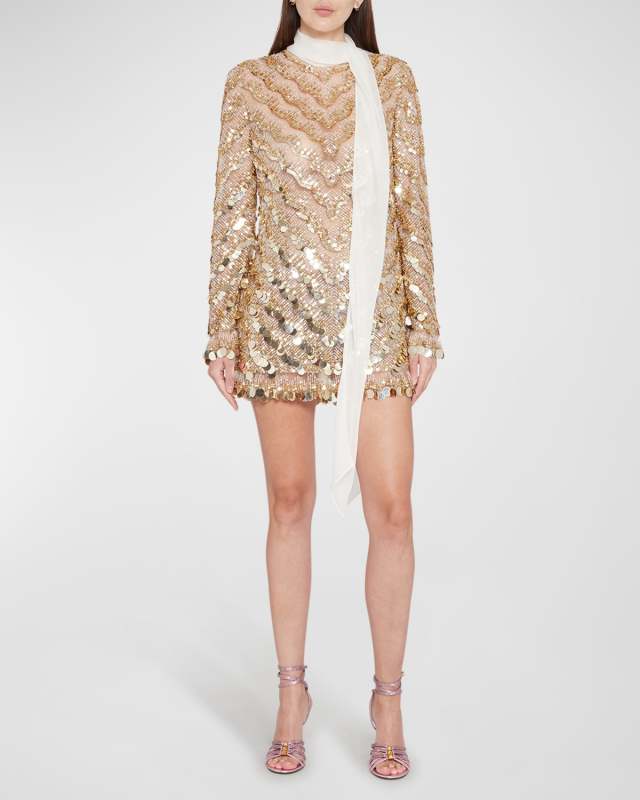 Chevron Beaded Scarf-Neck Tulle Mini Dress