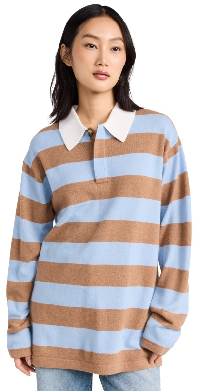 Guest in Residence Striped Cashmere Rugby Pullover Sky/Almond