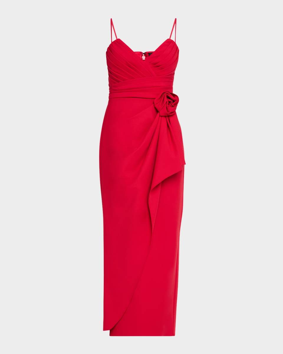 Pleated Floral Applique Midi Dress