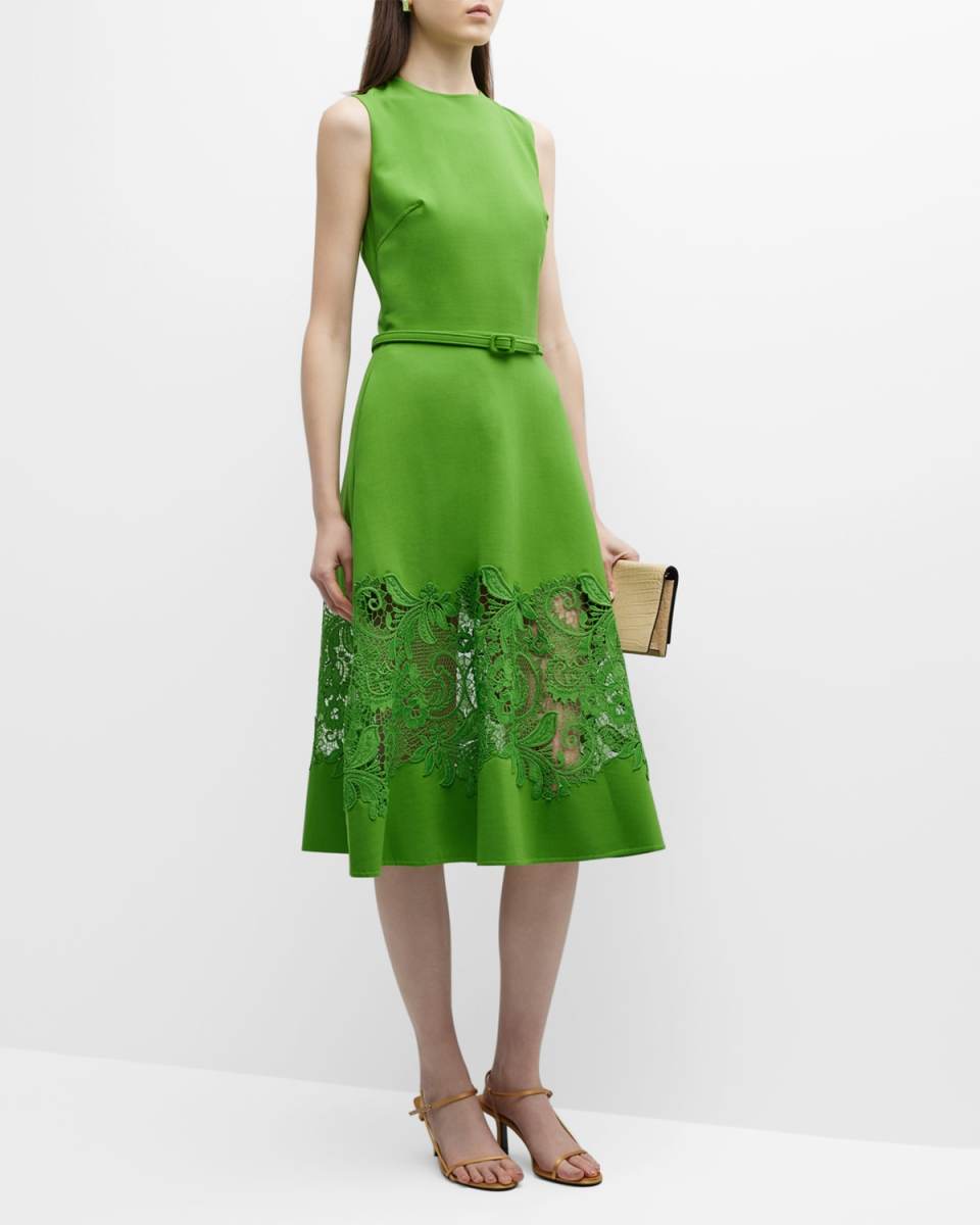 Belted Midi Dress with Lace Inset