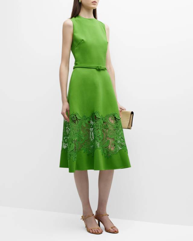 Belted Midi Dress with Lace Inset