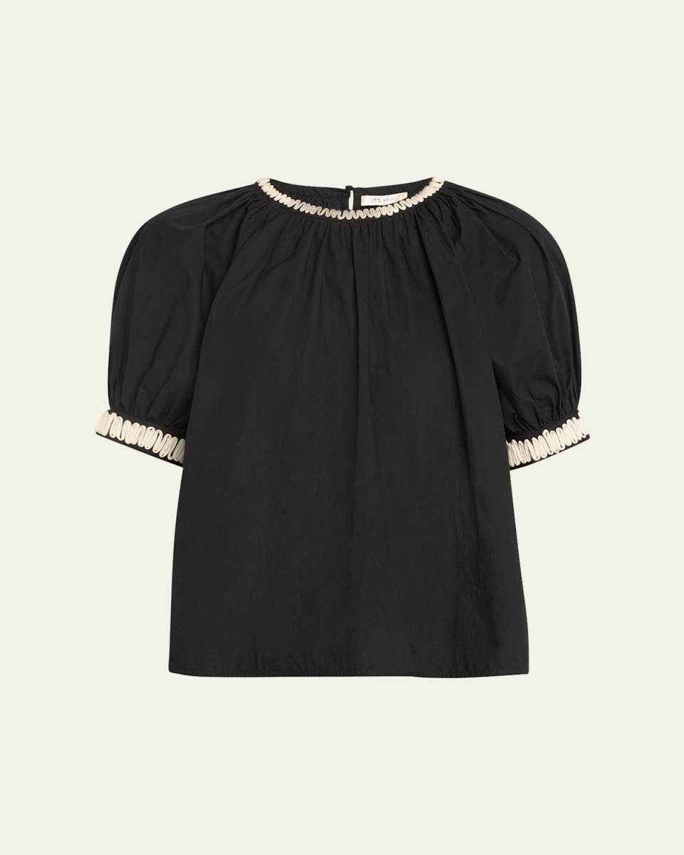 Amara Short-Sleeve Embroidered Tie-Cuff Poplin Top