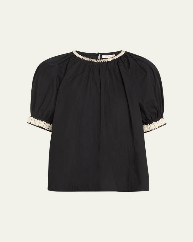Amara Short-Sleeve Embroidered Tie-Cuff Poplin Top