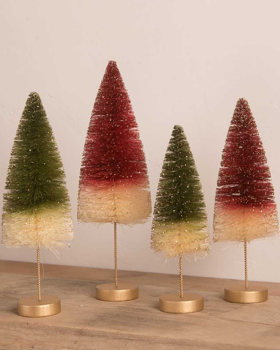 Bottle Brush Trees with Golden Glitter, Set of 4