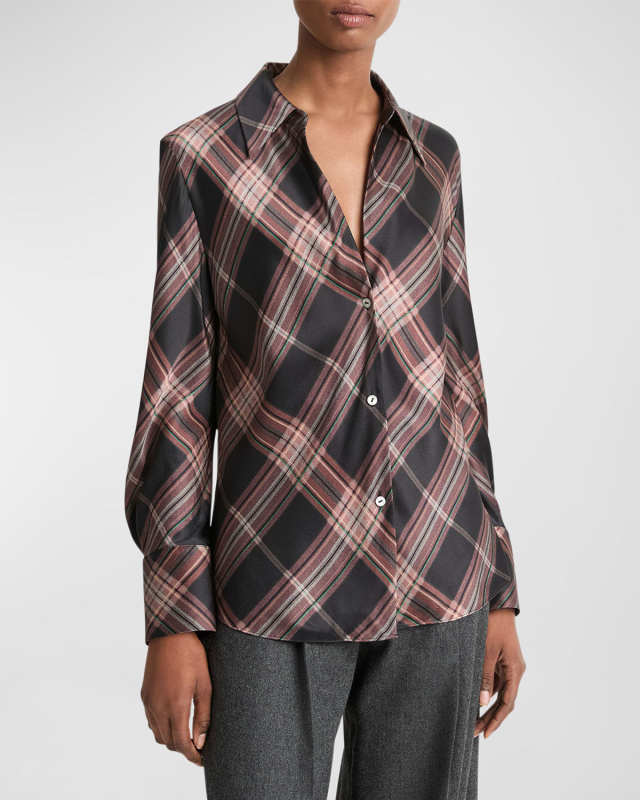Long-Sleeve Plaid Silk Blous