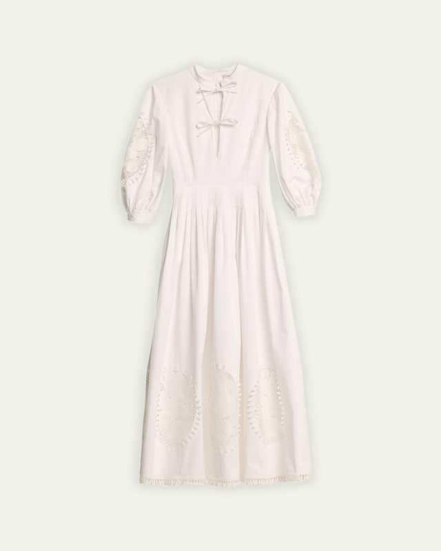 Cactus Embroidered Inset Balloon-Sleeve Maxi Shirtdress